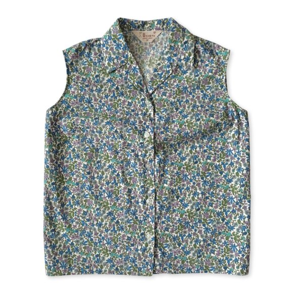 Vintage 50’s 60’s Sleeveless Floral Button Up Blue Blouse Top Prep Cottagecore - Picture 1 of 9